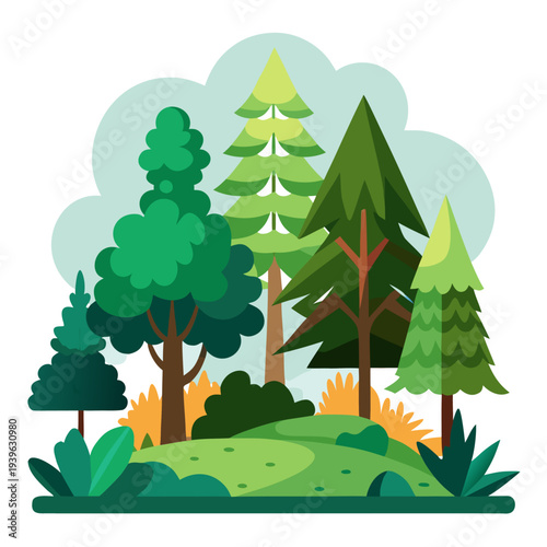 Vibrant cartoon forest with lush greenery and diverse trees in a serene nature landscape