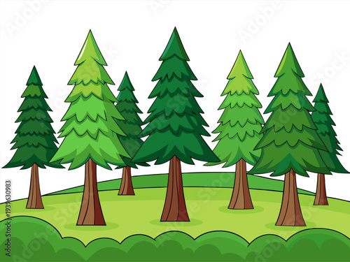 Vibrant cartoon forest scene featuring lush greenery and various evergreen trees on rolling hills in a sunny daytime setting