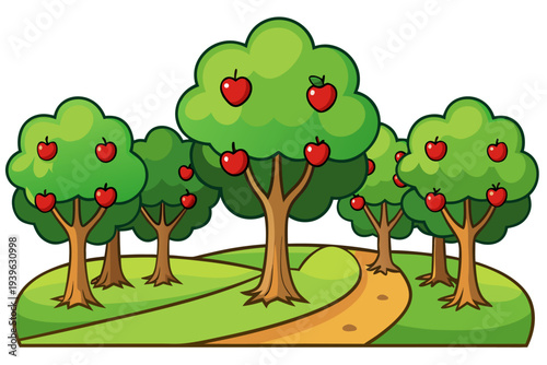 Vibrant orchard scene with apple trees and winding path in cartoon style landscape illustration
