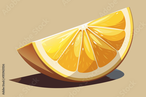Vibrant orange slice illustration on beige background showcasing detailed texture and bright coloring with subtle shadowing for fresh and juicy appeal