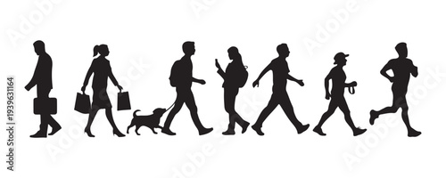 black moving people Silhouettes icon set, men and women