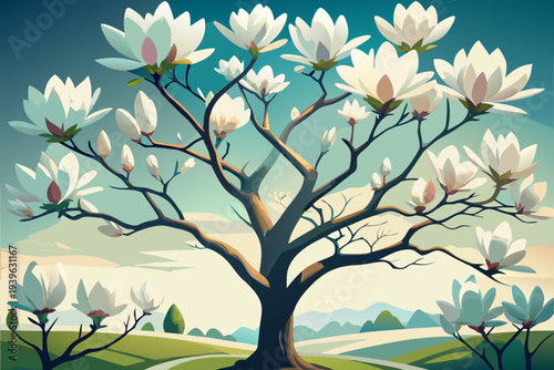 Serene magnolia tree in bloom against soft blue sky with rolling hills and green fields in tranquil spring landscape
