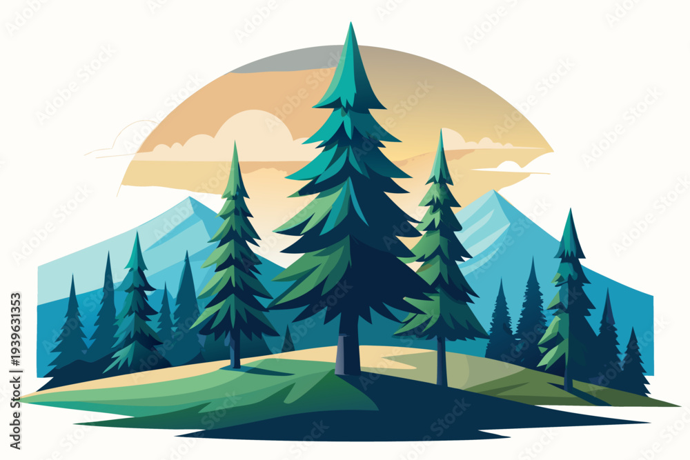 Obraz premium Scenic view of evergreen trees against mountains with sunset sky in vibrant nature landscape illustration