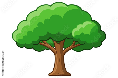 Vibrant cartoon tree with lush green foliage and sturdy brown trunk on white background