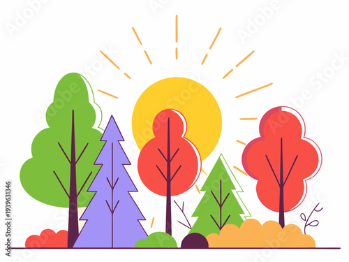Vibrant autumn landscape with colorful trees and bright sun in simplified artistic style illustrating warm fall atmosphere