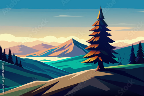 Vibrant mountain landscape with evergreen tree overlooking sunset and majestic peaks in a scenic valley vista