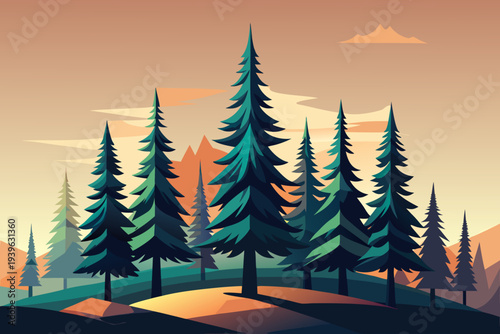 Serene sunset landscape featuring tall pine trees and rolling hills in vibrant warm colors with a tranquil atmosphere and majestic mountain silhouettes in the background