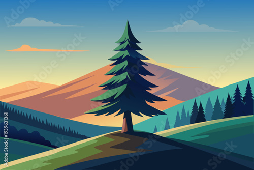Scenic mountain landscape at sunset with evergreen trees and rolling hills in serene natural setting under colorful sky