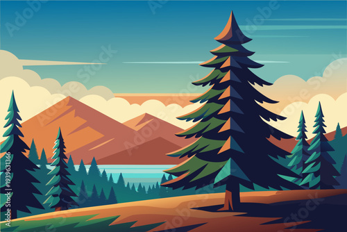 Majestic pine tree in a tranquil mountain landscape with scenic lake and vibrant sky at sunset