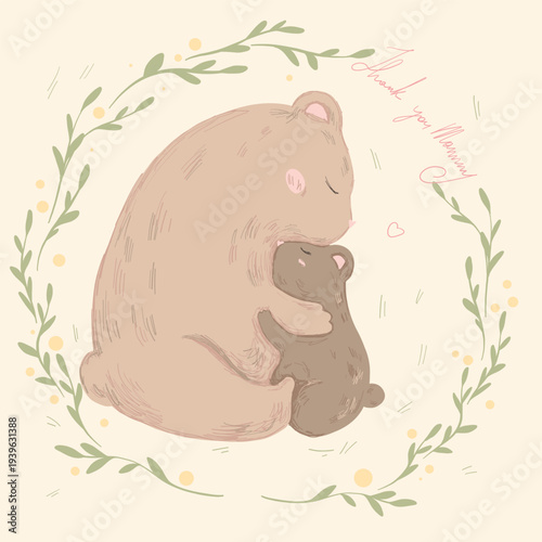 Vector illustration of cute bears hugging each other. Illustration for Mother's Day. The illustration is decorated with a floral frame.