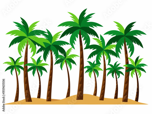 Vibrant cluster of palm trees on sandy beach with lush greenery and tropical vibe in bright daytime setting