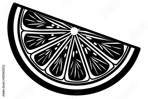 Bold black and white orange segment illustration with intricate line details and symmetrical design on white background