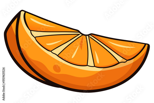 Vibrant cartoon orange slice illustration with juicy segments and bold lines in bright colors on white background