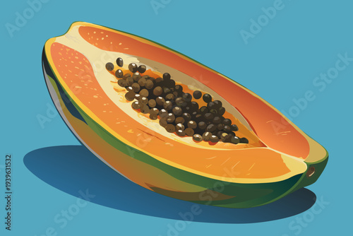 Vibrant halved papaya on blue background showcasing juicy orange flesh and abundant black seeds
