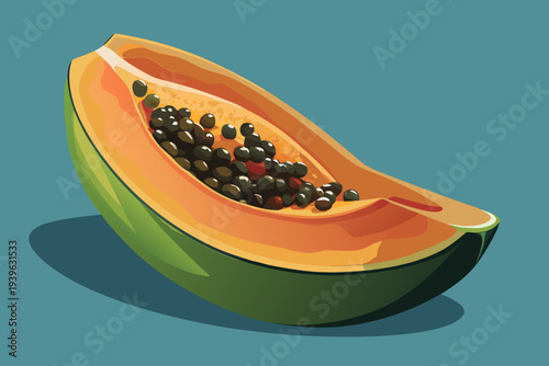 Vibrant papaya slice with seed detailing set against solid teal background showcasing textured orange flesh and green outer skin