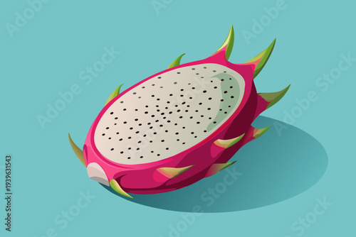Vibrant dragon fruit illustration with pink skin and white flesh on light blue background