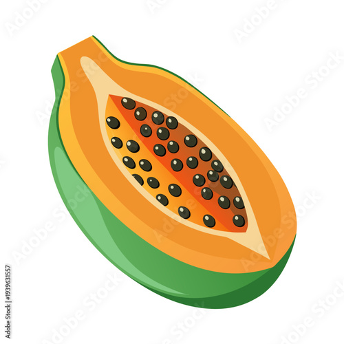 Illustration of a halved papaya with vibrant orange flesh and black seeds on a clean white background