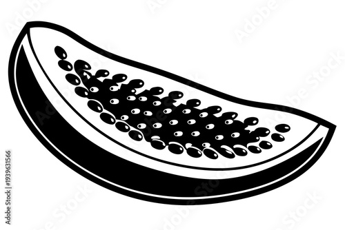 Black and white papaya slice with seeds in halftone style for tropical fruit art and design concepts