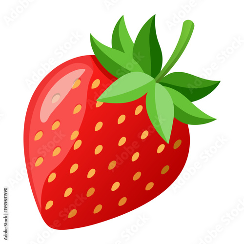 Vibrant cartoon strawberry with green leaves on white background highlighting freshness and juicy appeal
