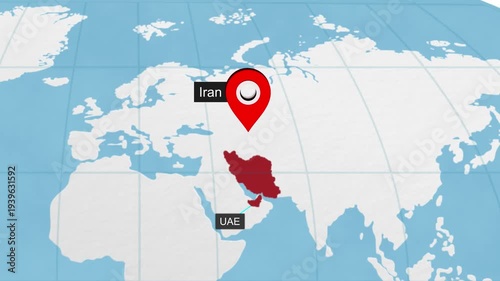 Iran and UAE map highlighted on world map 10 animated motion background video footage dynamic visual for digital media presentations marketing screens