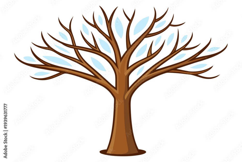 Obraz premium Leafless tree with frosted blue leaves in winter setting on isolated white background – minimalistic natural illustration