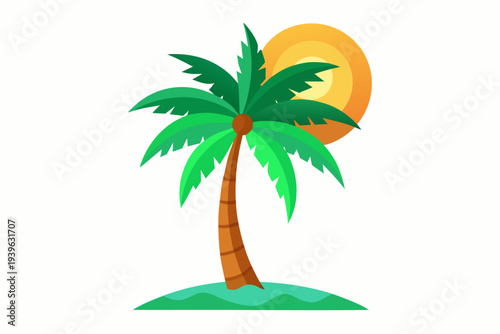 Vibrant tropical island scene with lush green palm tree and radiant sun on tranquil sandy beach