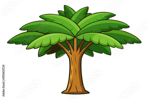 Vibrant cartoon banana tree with lush green leaves and sturdy brown trunk on white background