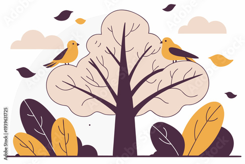 Minimalist tree illustration with birds and falling leaves in neutral and mustard tones on a white background