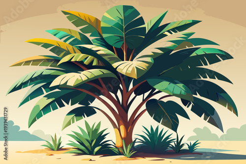 Lush tropical banana tree with green leaves and small plants on sandy ground underneath a warm sky