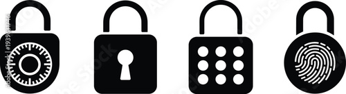 security lock icons set, password keypad fingerprint protection symbols collection, cybersecurity privacy access control system flat