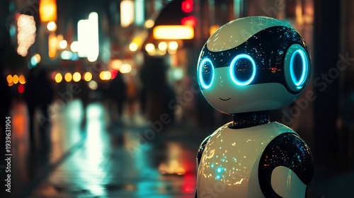Wallpaper Mural Futuristic robot with glowing blue eyes standing on a rainy city street at night with blurred background lights Torontodigital.ca
