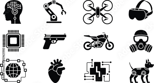 technology and robotics icons set, artificial intelligence drone vr robot dog symbols collection, futuristic innovation elements flat vector illustration