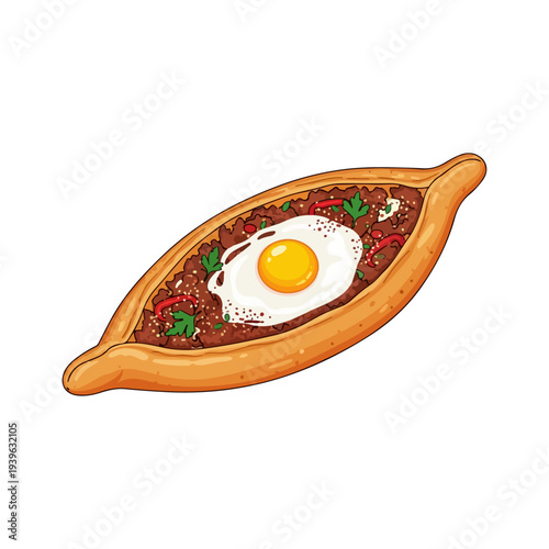 Boat Shaped Turkish Pide Pizza with Minced Meat and Egg Flat Vector Illustration.