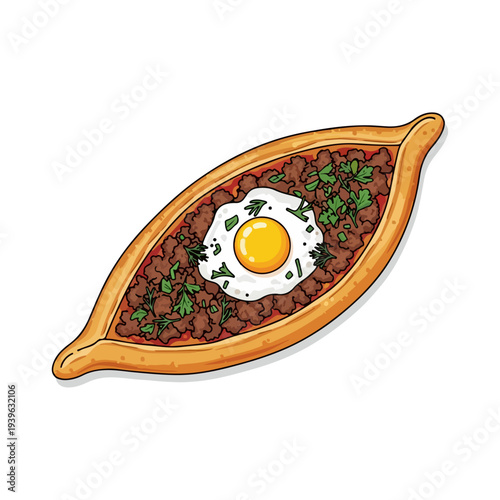  Boat Shaped Turkish Pide Pizza with Minced Meat and Egg Flat Vector Illustration.