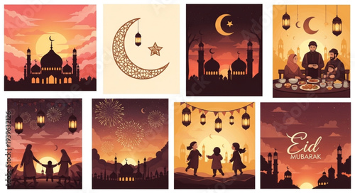 Silhouettes of People Celebrating Eid with Lanterns and Moon.