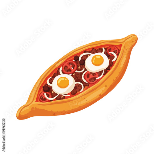  Boat Shaped Turkish Pide Pizza with Minced Meat and Egg Flat Vector Illustration.