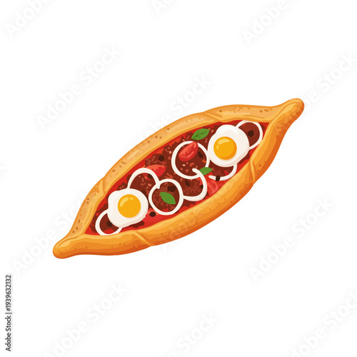  Boat Shaped Turkish Pide Pizza with Minced Meat and Egg Flat Vector Illustration.