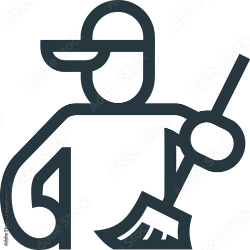 Gardening worker icon with rake, person wearing cap, symbolizing outdoor work, landscaping, yard maintenance, seasonal cleanup, agriculture, farming, labor