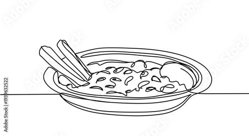 Simple contour drawing of a bowl of soup with vegetables and egg on a transparent background