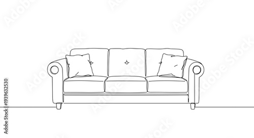 Simple contour drawing of a modern sofa with cushions on a transparent background, showcasing its elegant design and comfortable style for interior decoration ideas