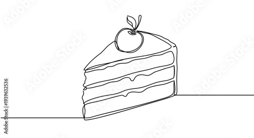 Simple contour drawing of a slice of cake with layers and a cherry on top on a transparent background