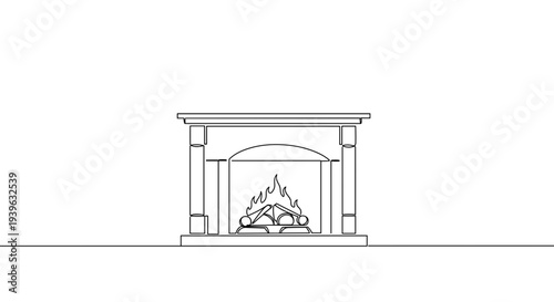 Simple contour drawing of a fireplace with flames and mantelpiece isolated on a transparent background