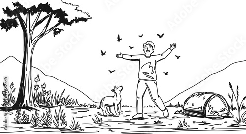 Simple contour drawing of a person with arms outstretched, standing near a deer, surrounded by birds, in a scenic outdoor setting on a transparent background