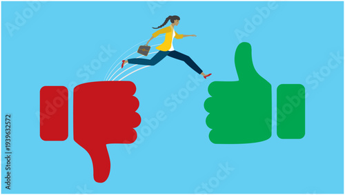Woman jumping from bad to good circumstanses. Dimension 16:9. Vector illustration.