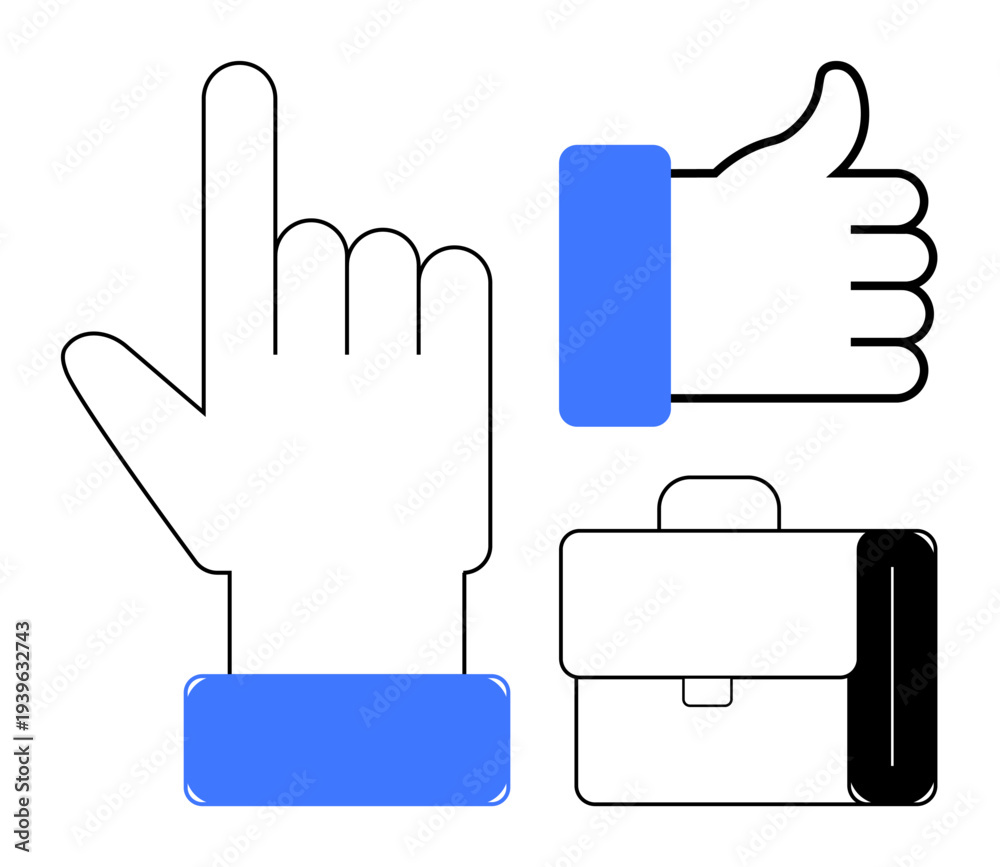 Obraz premium Business communication. Hand gestures interaction and approval, accompanied by a briefcase professional work. Business tools for branding, teamwork, strategy, presentations, and communication