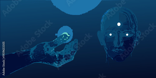 A digital human hand reaches towards a glowing fragmented human face