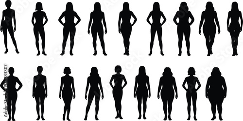 Female silhouettes, body diversity, different shapes, size variation, fashion design, health concept, anthropometric study, posture illustration, women figures, physical diversity, body image