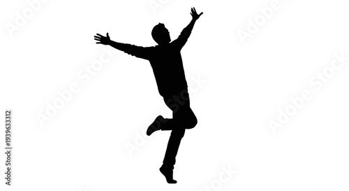 Dynamic silhouette of a person jumping with arms outstretched, celebrating freedom, success, and pure joy on a white background.