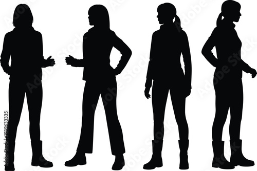 Female silhouettes, standing poses, casual interaction, pants and boots, body language, posture diversity, fashion style, conversation gesture, modern women, design element