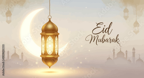 Eid Mubarak lantern vector illustration with crescent moon